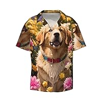 Golden Retriever in Flowers Men's Summer Short-Sleeved Shirts, Casual Shirts, Loose Fit with Pockets