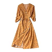 Women's Casual Loose-Fitting Summer V-Neck Trendy Glamorous Dress Flowy Sleeveless Knee Length Print Beach Swing Yellow