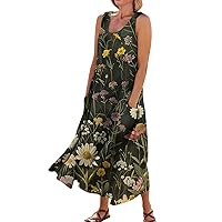Summer Dresses for Women,Sleeveless Dress for Women Summer Casual Fashion Floral Printed Round Neck Pocket Dress