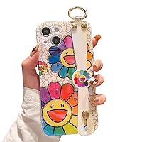 for iPhone 14 Case 6.1 Inch Cute with Wrist Strap 2022 Kickstand Glitter Bling Cartoon IMD Soft TPU Silicone Shockproof Protective Phone Cases Cover for Girls and Women - Sunflower