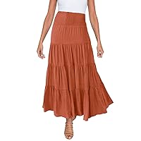 Maxi Skirt for Women Summer Boho Elastic High Waist Pleated A-Line Flowy Ruffle Swing Tiered Long Beach Skirt Dress