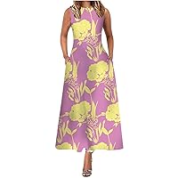 Women Vintage Floral Keyhole Neck Tank A-Line Dress Summer Sleeveless Fashion Flowy Tunic Maxi Dresses with Pockets