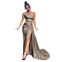 Metallic Satin Mermaid Prom Dresses Sparkly One Shoulder Bridesmaid Dress Corset Formal Evening Party Gowns with Slit