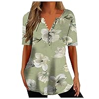 Button Up Henley Shirts for Women Casual Floral Print Tunic Summer Tops Trendy Short Sleeve V Neck Workout Blouses