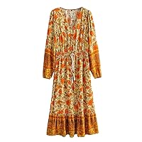 Women Bohemian Print Maxi Dresses V-Neck Long Sleeves Dress Tassel Floral Beach Boho Dress