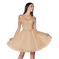 Eightale Tulle Homecoming Dress Cold Shoulder Sparkly Lace Appliques A Line for Women Short Glitter Beaded Sweetheart Prom Dresses Champagne Open Back US10