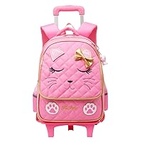 MITOWERMI Cute Rolling Backpack for Girls Trolley School Bags Cat-face Bowknot Girls Backpacks with Wheels Kids Carry-on Travel Luggage