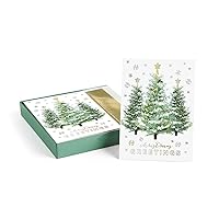 Masterpiece Gold Trimmed Trees Christmas Cards / 16 Boxed Seasons Greetings Holiday Cards Set With Coordinating Gold Foil Lined Envelopes / 5 5/8