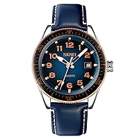 SKMEI Watches for Men Leather Band Easy Read Big Face Large Casual Fashion Waterproof Dress Fathers Gifts Black Blue Wrist Watch