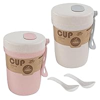 2PCS Wheat Straw Coffee Cups, Portable Microwaveable Breakfast Cup, 2 Colors Reusable Healthy Drinking Mugs with Spoon for School Office Outdoor Travel Student (Beige and Pink,300ml)