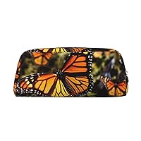 Heaps of Orange Monarch Butterflies Pencil Case Leather Pen Bag Travel Makeup Bag Zipper Organizer Bag for Women Men