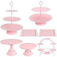 7Pc Cake Stand Pink Dessert Table Display Set Metal Round Tiered Pink Cupcake Stand Macaron Ferris Wheel Holder Cookies Serving Trays Fruit Plates for Tea Party Wedding Birthday Baby Shower (Pink)