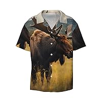 Majestic Moose Men's Summer Short-Sleeved Shirts, Casual Shirts, Loose Fit with Pockets