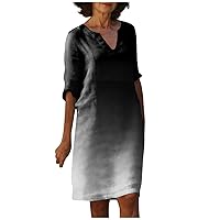 T-Shirt Dresses for Women 2024 Vintage Floral Print V Neck Half Sleeve Casual Midi Dress Knee Length Soft Sundress