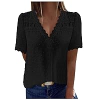 2024 Summer New Women's Short Sleeve T-Shirt Solid Color V Neck Jacquard Tunic Tops Casual Trendy Clothes Tees