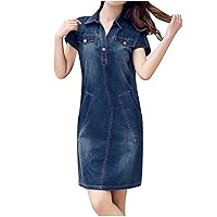 Women Button Lapel Collar Short Sleeve Casual Denim Pencil Dress Summer Fashion Slim Jean Mini T-Shirt Sheath Dress
