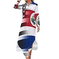 Black and White USA Costa Rica Flag Women's Shirt Dress Long Sleeve Button Down Shirts Dress Casual Loose Maxi Dresses