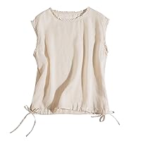 Cotton Linen Tank Tops for Women Drawstring Tie Side Bottom Vest Leisure Crewneck Sleeveless Tops Loose Fit Shirts