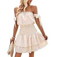 Dresses for Women - Women Dresses Off Shoulder Knot Side Ruffle Hem Dress, Short/Mini A Line Dress