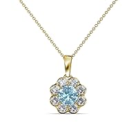 Round Aquamarine Diamond 7/8 ctw Womens Floral Halo Pendant Necklace 18 Inches Chain 14K Yellow Gold