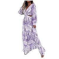 Flower Dresses for Women 2024, Womens Sexy Long Print V Neck Sleeves Puff Sleeve Blazer Elegant Dress, S, 3XL