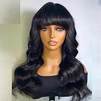 Full Machine Made Wig Scalp Top Brazilian Remy Human Hair Wig With Bangs Body Wave Natural Color for Woman (12inch, 150% Density)