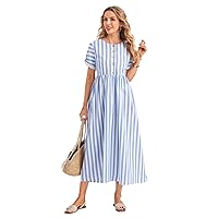 Summer Dresses for Women 2024 Buttoned Placket Short Sleeve Striped A Line Long Dress