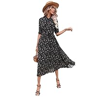 Dresses for Women - Ditsy Floral Print Tie Neck Belted Dress (Color : Black, Size : Small)