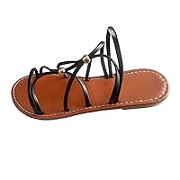 Ladies Fashion Summer Solid Leather Fine Strap Combination Flat Bottom Beach Sandals Crystal Sandals(Black,Size 8.5)