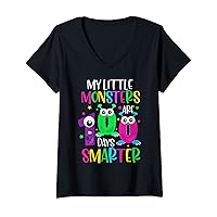 Womens 100 Days Teacher Shirt My Little Monsters 100 Days Smarter V-Neck T-Shirt