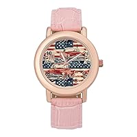 Old Trucks USA Flag Women's Watches Classic Quartz Watch with Leather Strap Easy to Read Wrist Watch