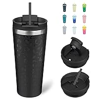BJPKPK 22oz Insulated Tumbler With lid And Straw Stainless Steel Tumblers Travel Coffee Mug Reusable Thermal Cup,Black Leopard