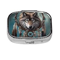 3D Wolf Dream Catcher Print Pill Box 3 Compartment Small Pill Case Portable Pill Box for Pocket or Purse Cute Medicine Organizer Holder to Hold Vitamins Medication