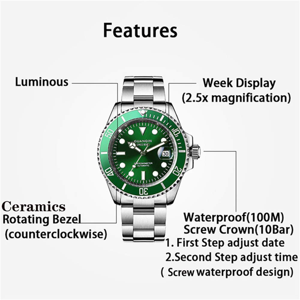 Guanqin Men Date Luminous Analog Japanese Automatic Self Winding Mechanical Wrist Watch with Stainless Steel Band