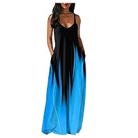 Women's Casual Dress Tie-dye Printing Camisole Maxi Dress Long Dress Baggy Loose Dress Sleeveless with Pocket