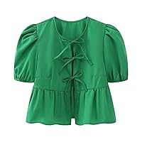 Cute Babydoll Shirts Women Lace-Up Tie Front Crop Tops Summmer Puff Sleeve Y2K Ruffle Hem Casual Fitted Solid Blouse