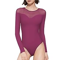 PUMIEY Mesh Bodysuit for Women Crew Neck Long Sleeve Body Suits Sexy Sheer Tops Smoke Cloud Pro Collection