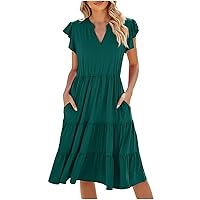 Womens Fashion Summer 2024 Dress Flowy Swing Beach Boho Midi Dress Casual V Neck Ruffle Cap Sleeve A-Line Tiered Dress