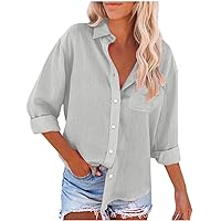 Cotton Linen Button Down Shirt Women Casual Tops Rolled Long Sleeve Solid Color Shirts Loose Work Tops with Pockets