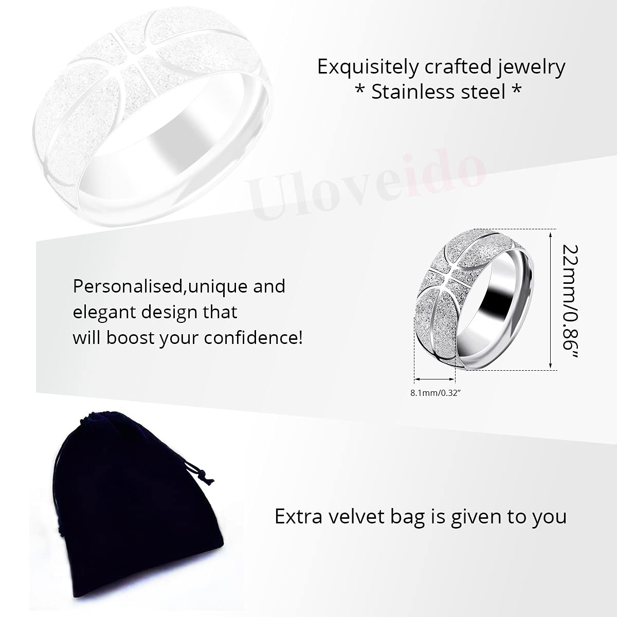 Uloveido Mens 8mm Stainless Steel Basketball Ring Comfort Fit Band Creative Sport Souvenir Gifts for Him