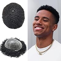 Afro Toupee For Black Men Weave Hair Units Kinky Curly African American Mens Toupee Human Hair Replacement Systems All Skin PU Mens Afro Coily Hair Piece Patch Wig(8x10