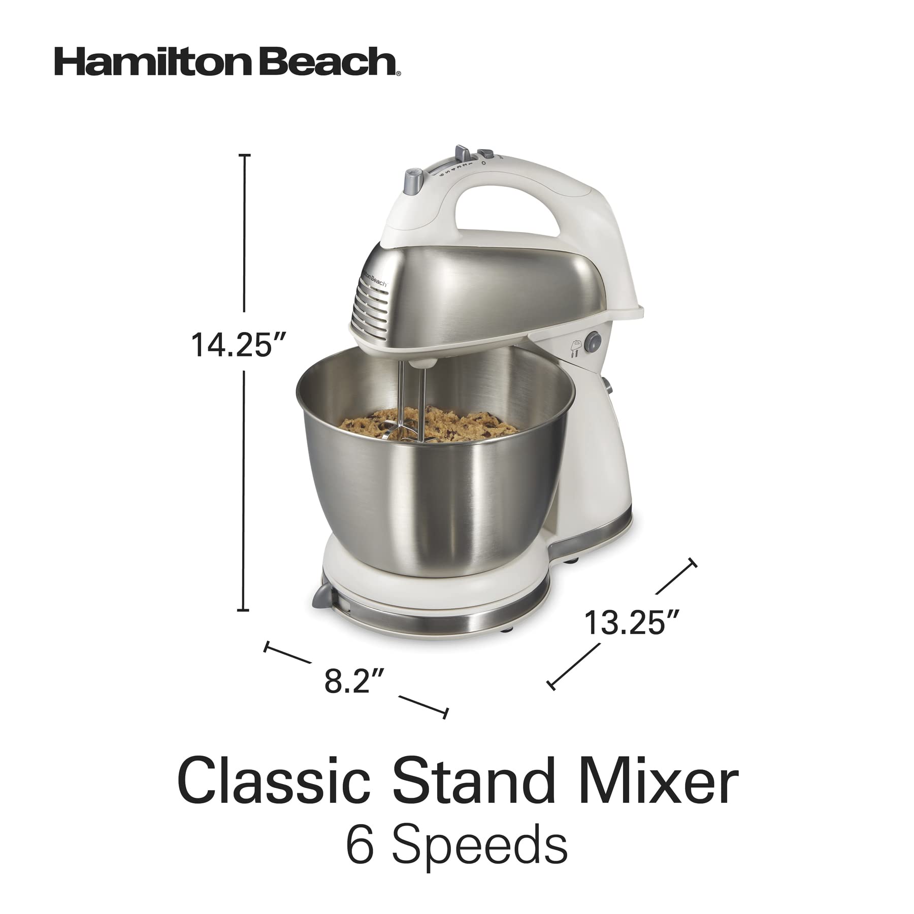 Hamilton Beach Classic Stand and Hand Mixer, 4 Quarts, 6 Speeds with QuickBurst, Bowl Rest, 290 Watts Peak Power, White (64655)