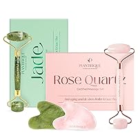 PLANTIFIQUE Jade Roller and Rose Quartz Face Roller with Gua Sha Facial Tools - Includes Real Roller and Gua Sha Set - Certified Face Roller and GuaSha for Your Skincare Routine