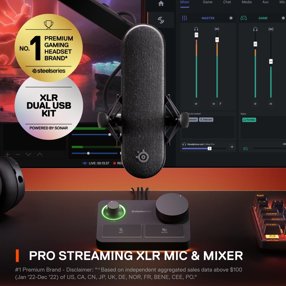 SteelSeries Alias Pro Kit — XLR Mic + Stream Mixer — 3X Bigger Capsule for Gaming, Streaming and Podcasting — USB/XLR Interface — Free Sonar Audio Software — Custom Controls — RGB — Single or Dual PC