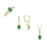 Matching Gold Jewelry 14K Yellow Gold Halo Designer Set: Ring, Earring & Pendant Necklace. Gemstone & Diamonds, 6X4MM Birthstone. Sizes 5-10.