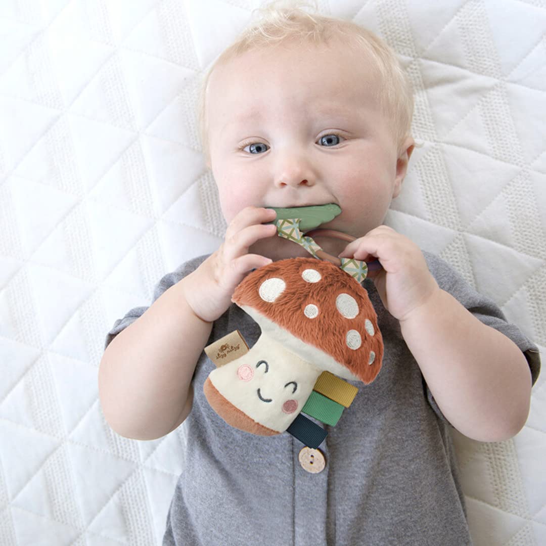 Itzy Ritzy Itzy Pal Infant Toy & Teether Includes Lovey, Crinkle Sound, Textured Ribbons & Silicone Teether, Mushroom