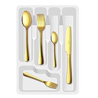 Gold Silverware Set with Organizer, 30 Pieces Stainless Steel Cutlery Set for 6, Durable Flatware Set Include Fork Knife Spoon Set, Mirror Polished Kitchen Eating Utensils Sets, Dishwasher Safe
