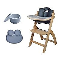 Abiie Beyond Junior Natural Wood/Black Cushion Convertible 3-in-1 Wooden High Chair for 6 Mos.-250 lb - with Octopod Silicone Bowl with Lid and Frog Plates, with Suctions and BPA-Free - Gray