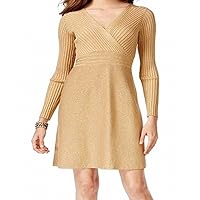 INC Womens Metallic Long Sleeves Sweaterdress Gold L