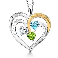 2 Tone Forever Classic Moissanite From Charles & Colvard and Swiss Blue Topaz and Peridot `I love you to the moon and back` Engraved Pendant For Women (1.55 Cttw, Heart Shape 5MM, 18 Inch Chain)
